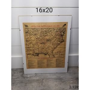 Frameless Framed Civil War Battlefield Map, 1861-1865 Reproduction 1961